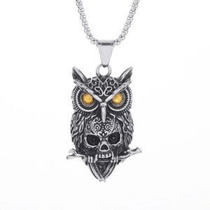 Stainless Steel Gothic Owl Skull Pendant Necklace